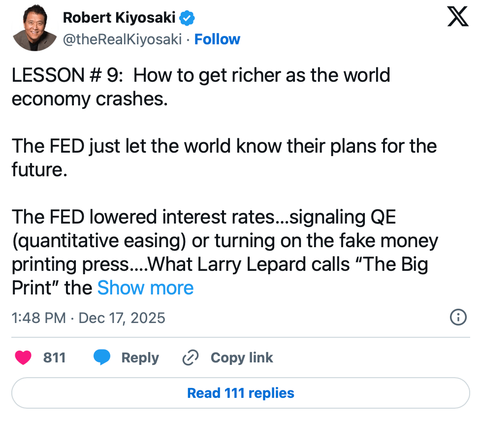 Příspěvek Kiyosakiho týkající se následků snižování sazeb ze strany FEDu