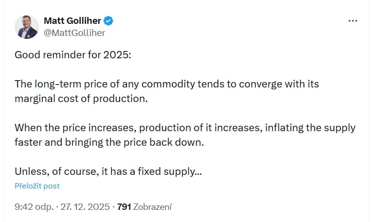Matt Golliher ve svém příspěvku vysvětluje, že pokud cena zlata a stříbra roste, těžaři zvýší produkci a tím se cena vrací zpět.