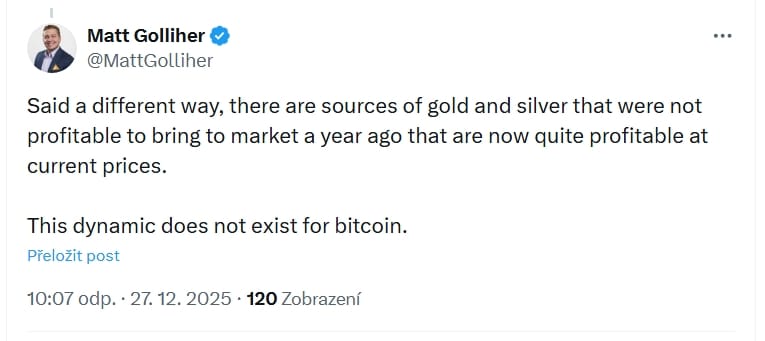 Matt Golliher zakončuje svůj komentář ohledně srovnání Bitcoinu, zlata a stříbra.