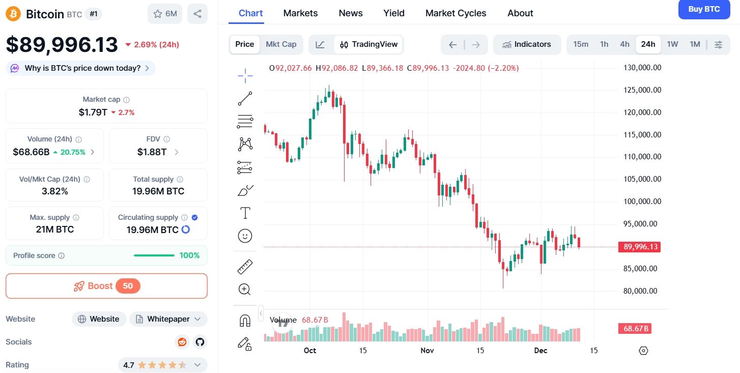 Jednodenní cenový graf BTC/USD s aktuální hodnotou 89 996 USD.
