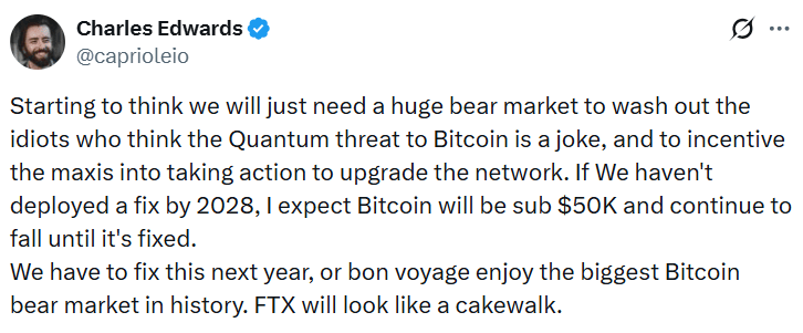 Charles Edwards varuje před kvantovou hrozbou na síti X. Zdroj: Charles Edwards
