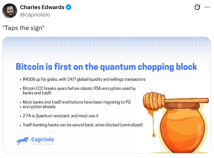 Charles Edwards varuje před kvantovou hrozbou na síti X. Zdroj: Charles Edwards