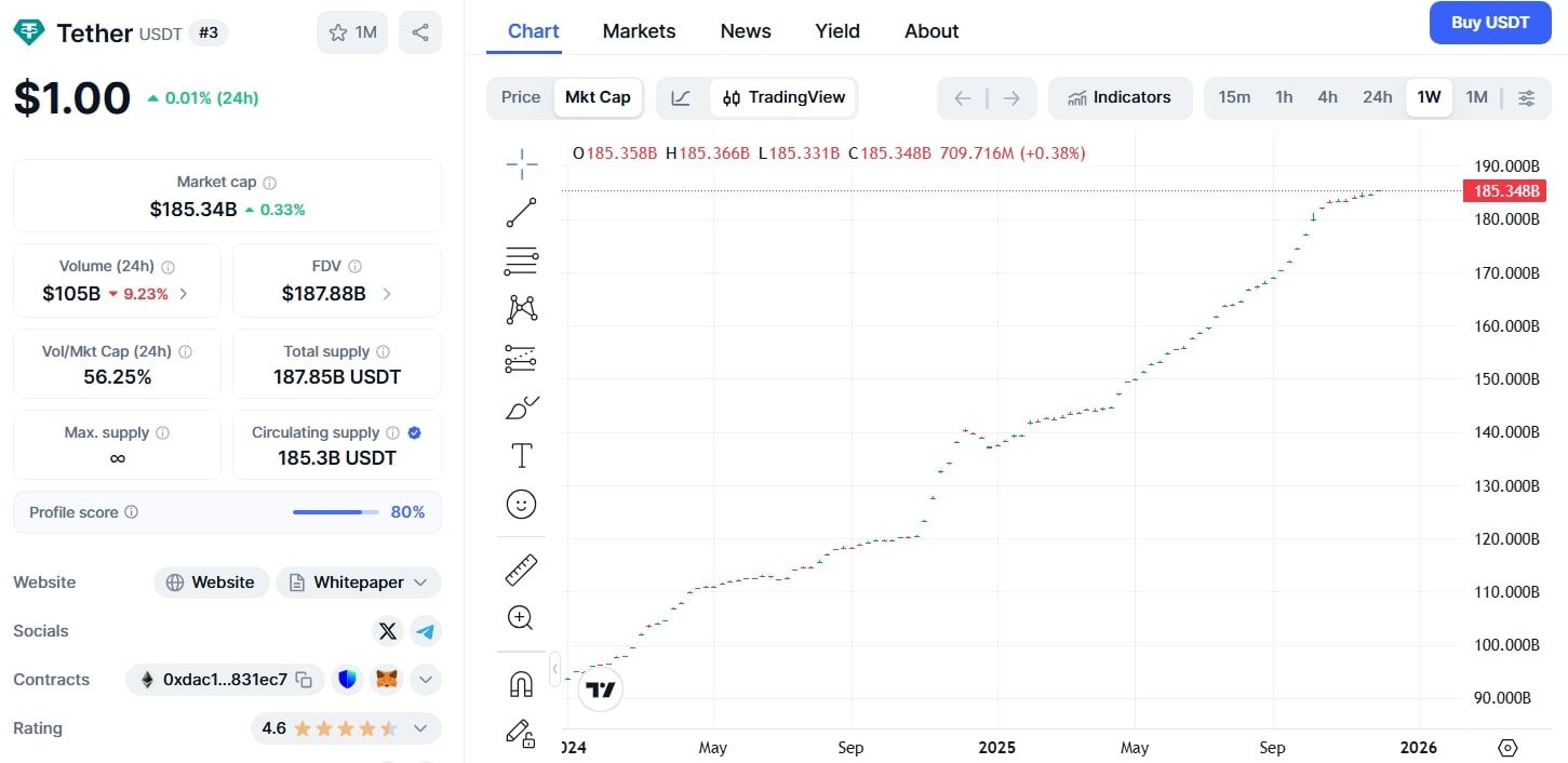 Tržní kapitalizace Tetheru překročila hranici 185 miliard dolarů.