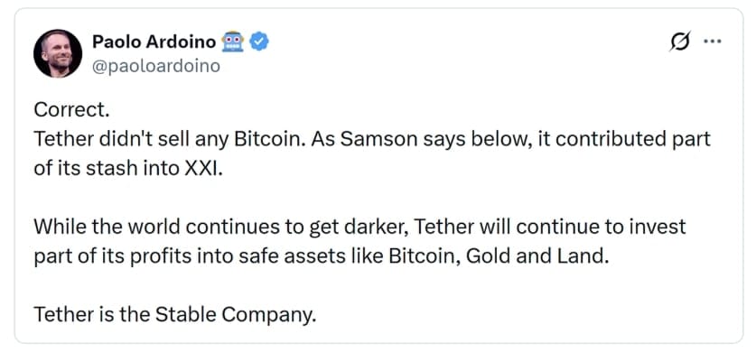 Příspěvek CEO Tetheru Paola Ardoina o investicích do Bitcoinu, zlata a půdy.