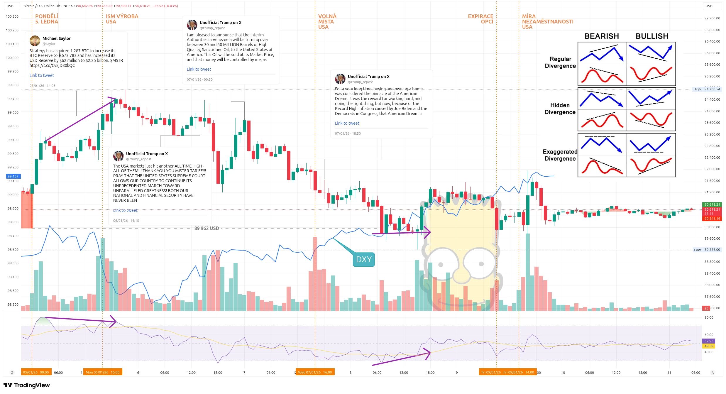 Hodinový graf kurzu ceny Bitcoinu s vyznačenými důležitými událostmi tohoto týdne (zdroj: TradingView).