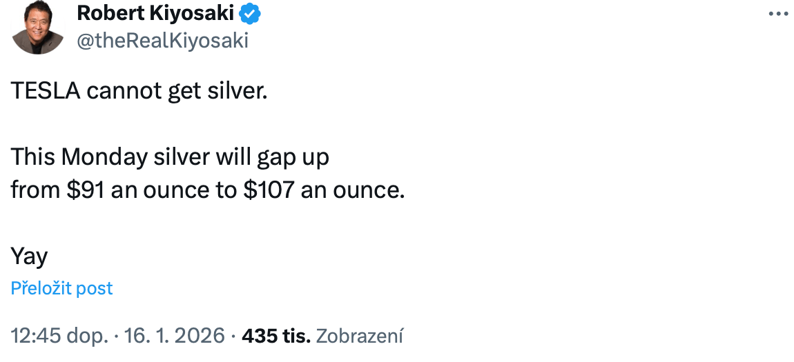 Predikce Roberta Kiyosakiho týkající se posílení ceny stříbra na úroveň 107 dolarů, doplněná o komentář týkající se Tesly. Zdroj: X