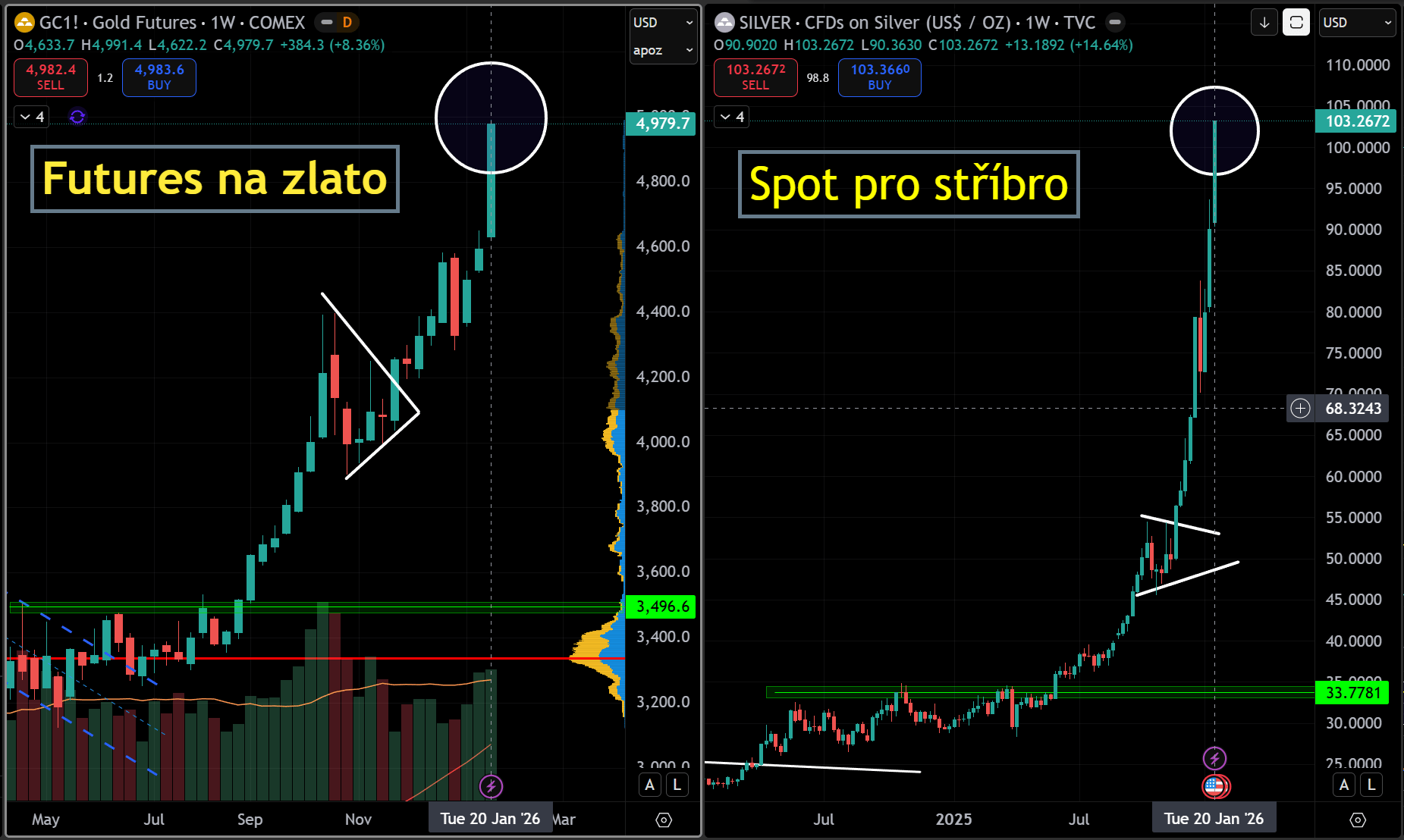 Cena zlata je blízko od 5 000 USD za unci, zatímco stříbro se přibližuje k ceně 100 USD za unci