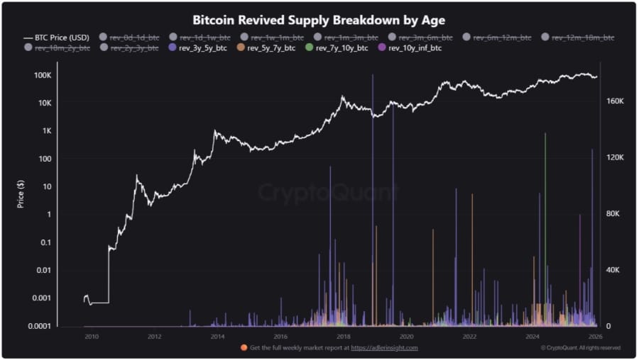 Rozdělení znovu aktivované nabídky Bitcoinu podle stáří.