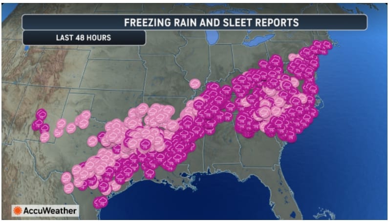 Hlášení o mrznoucím dešti a krupobití. Odhaduje se, že zimní bouře způsobí celkové škody a ekonomické ztráty ve výši 105 až 115 miliard dolarů.