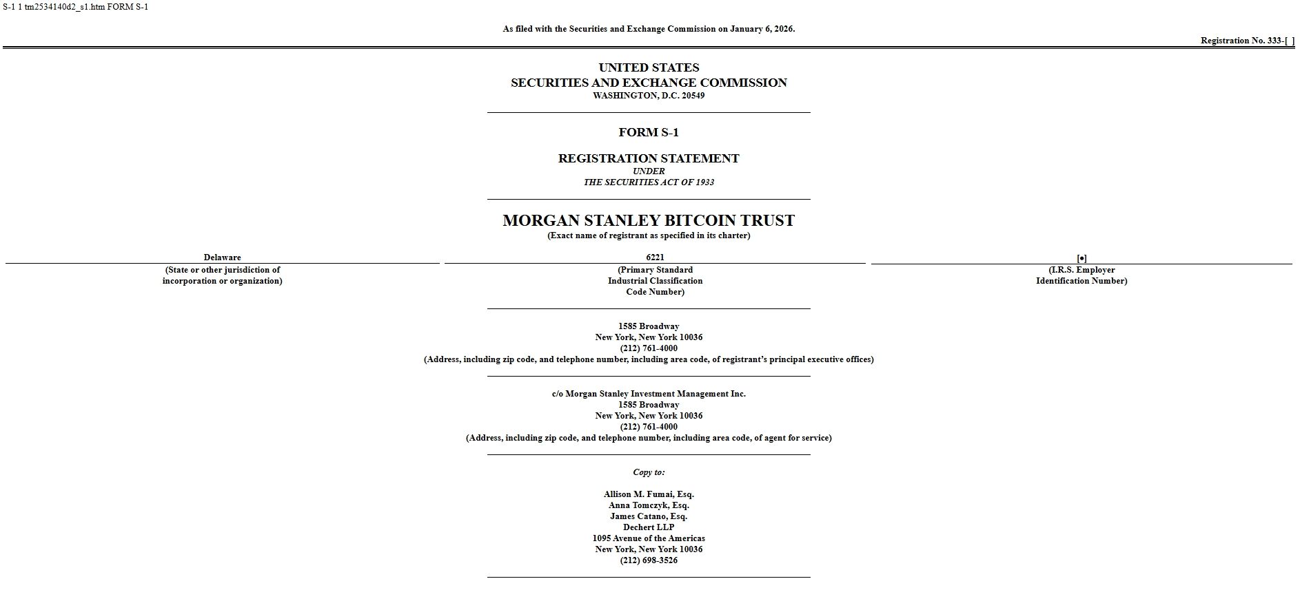 Morgan Stanley podává 6. ledna 2026 žádost SEC o spuštění Bitcoin Trust, který bude pasivním investičním nástrojem navrženým ke sledování spotové ceny Bitcoinu a nebude používat pákový efekt ani deriváty.