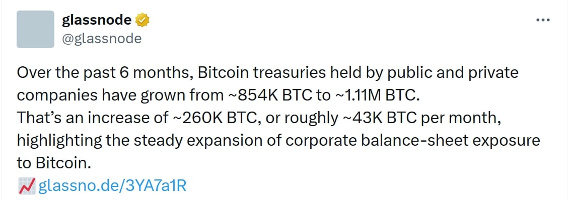 Analytická společnost Glassnode uvádí, že během posledních 6 měsíců vzrostly bitcoinové státní dluhopisy držené veřejnými a soukromými společnostmi z přibližně 854 tisíc BTC na přibližně 1,11 milionu BTC. 