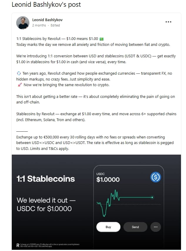 Leonid Bashlykov ve svém příspěvku oznamuje spuštění funkce umožňující směnu amerických dolarů za USDC a USDT v poměru 1:1 na Revolutu.