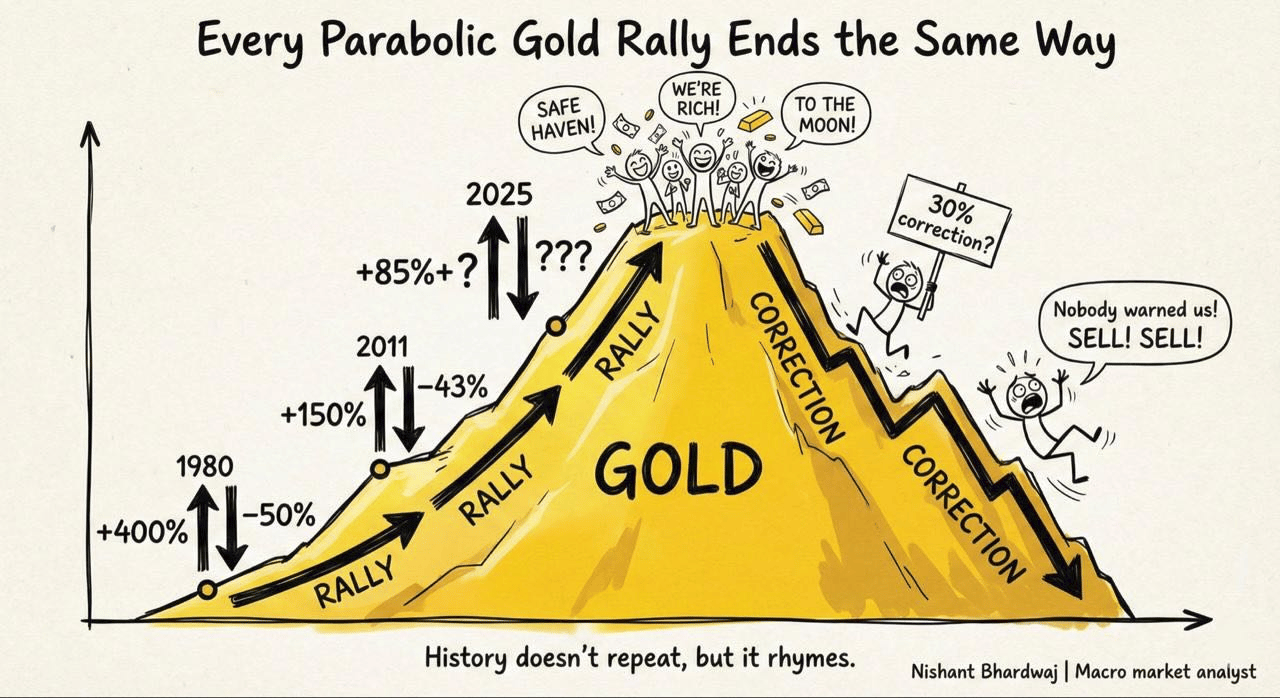 Každý parabolický cenový růst na zlatě skončil stejně – hlubokým propadem