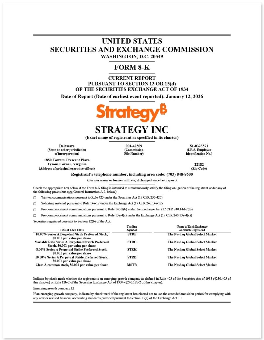 Společnost Strategy podává 12. ledna 2026 hlášení pro americkou Komisi pro cenné papíry (SEC).