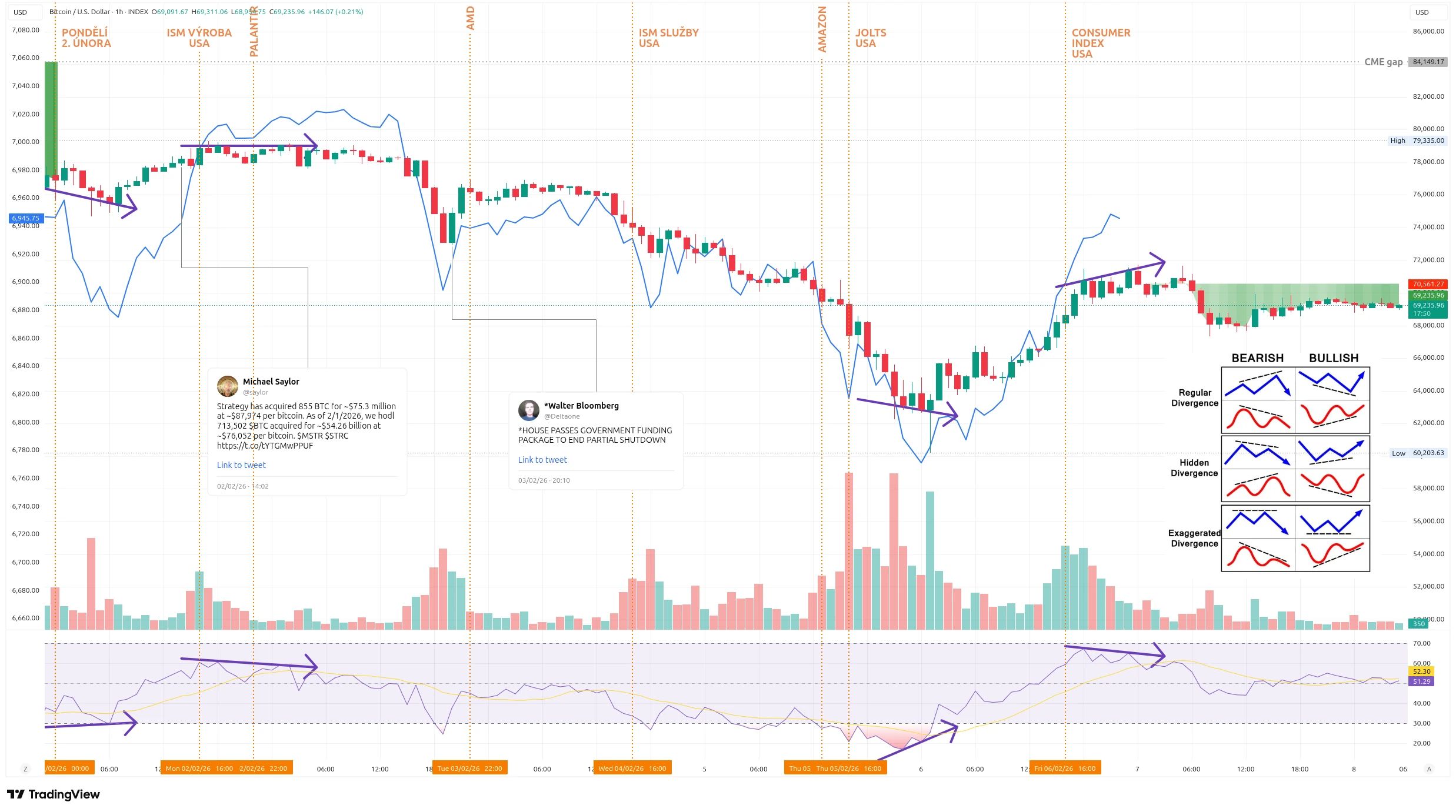 Hodinový graf kurzu ceny Bitcoinu s vyznačením zajímavých událostí tohoto týdne (zdroj: TradingView).