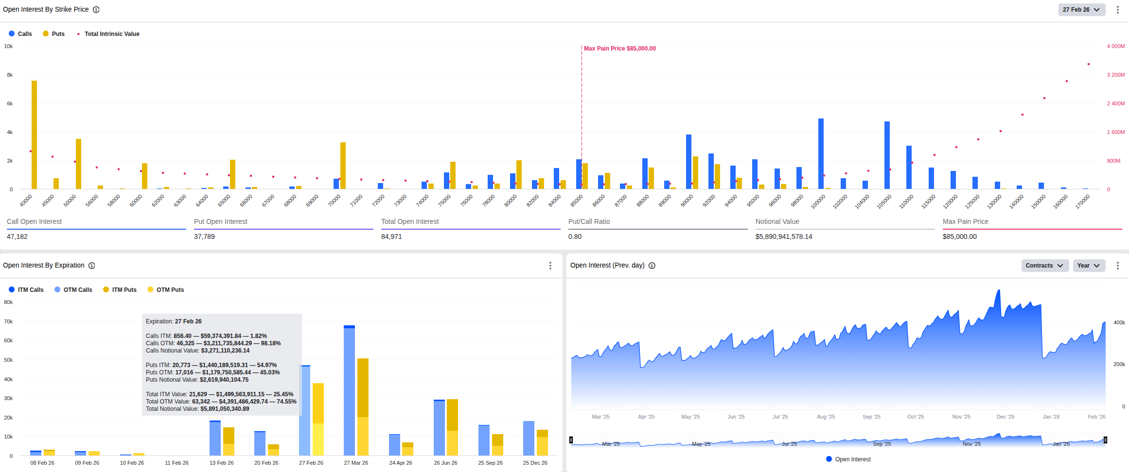 Přehled opcí s expirací na konci února na největší opční kryptoměnové burze Deribit (zdroj: Deribit).