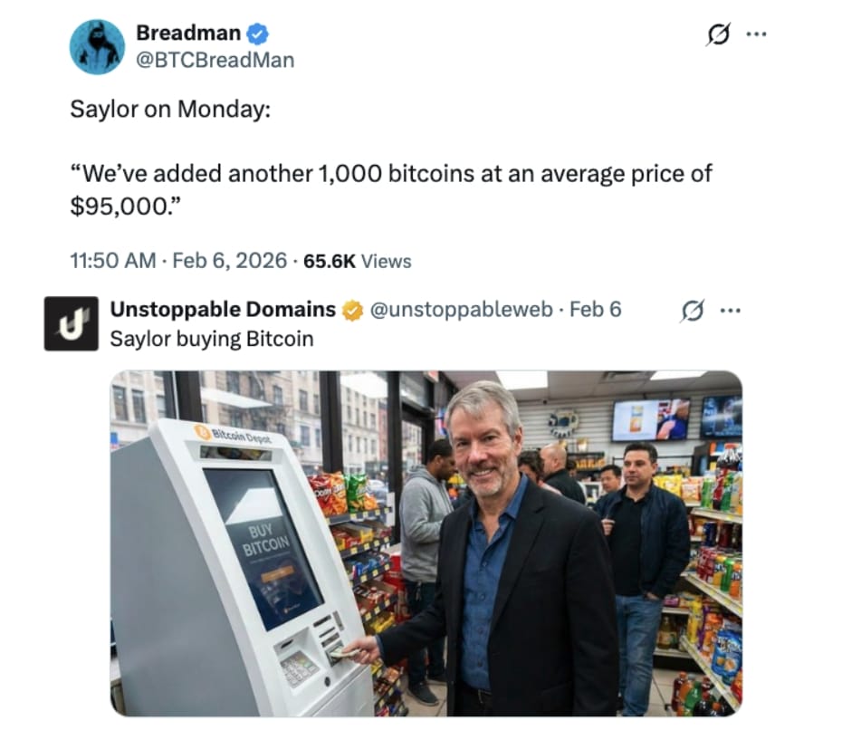 Uživatek Breadman vtipkuje, že přístě Saylor oznámí - přidali jsme dalších 1 000 bitcoinů za průměrnou cenu 95 000 dolarů. 