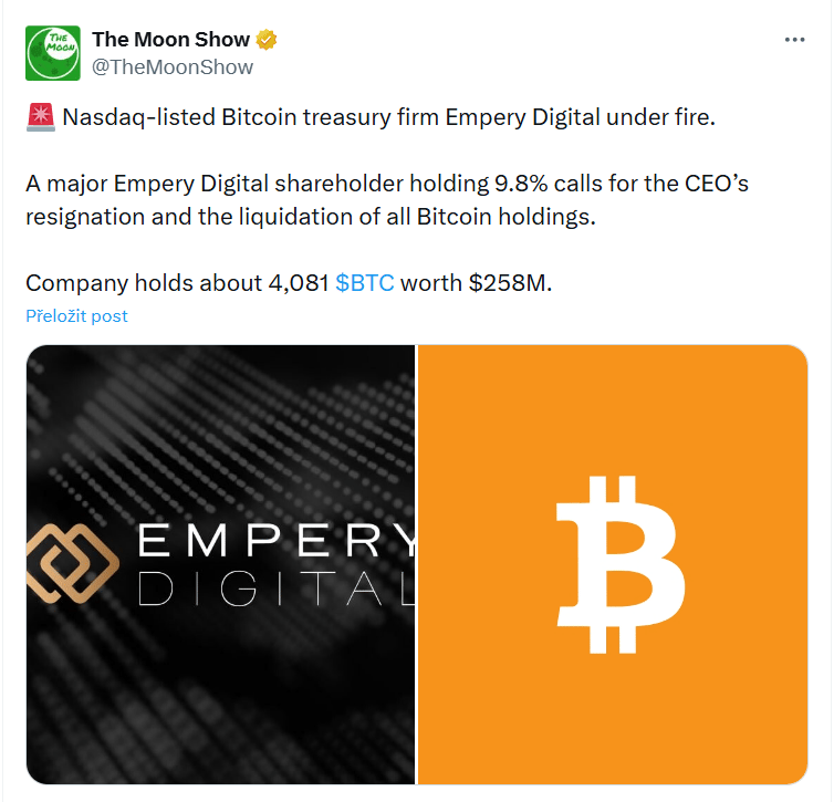 Hlavní akcionář společnosti Empery Digital, který drží 9,8 %, požaduje rezignaci generálního ředitele a likvidaci všech bitcoinových podílů.