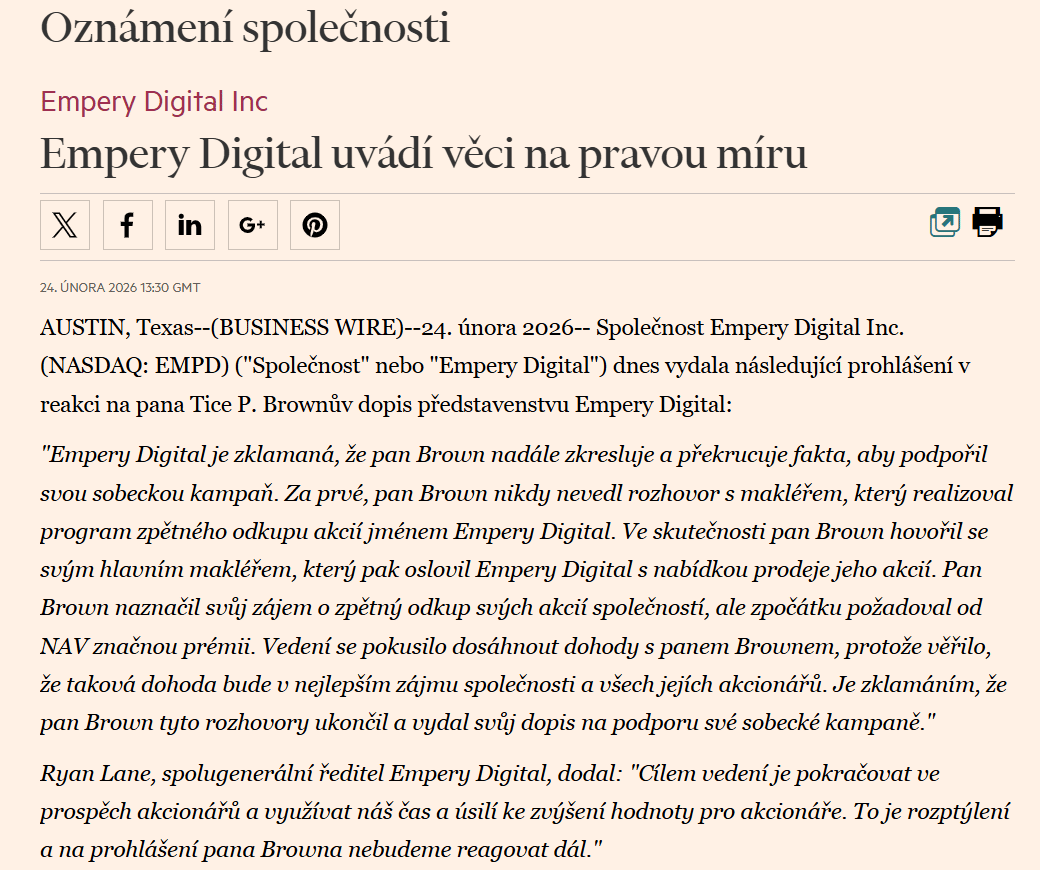 Vyjádření společnosti Empery Digital, ve kterém odmítá tvrzení Tice P. Browna.