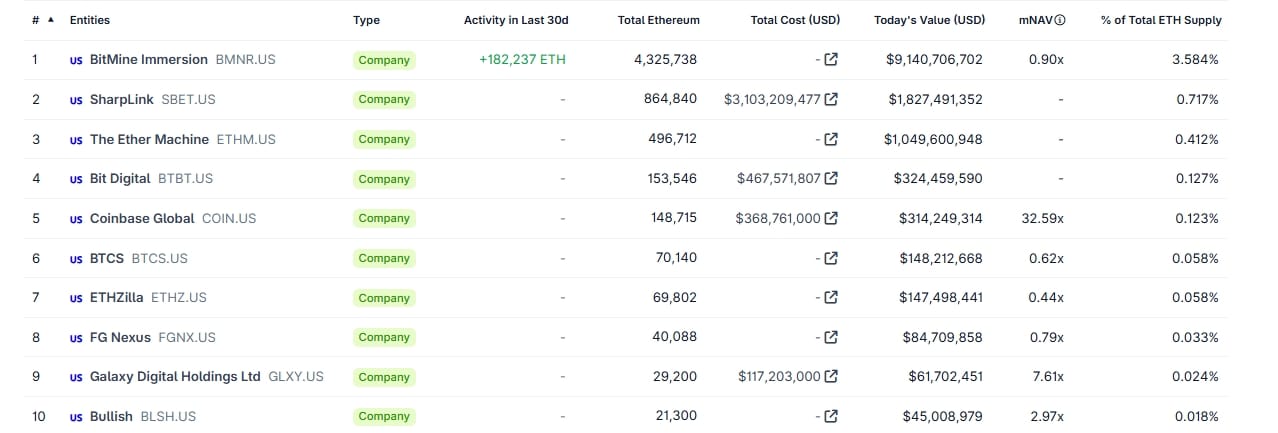 Deset největších držitelů ETH v čele s BitMine Immersion.