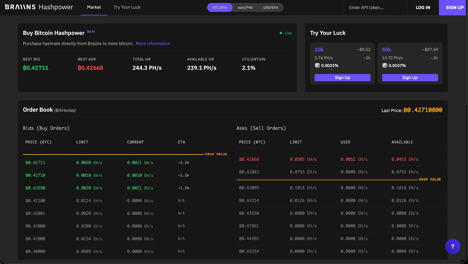 Braiins Hashopower market. Zdroj: braiins.com
