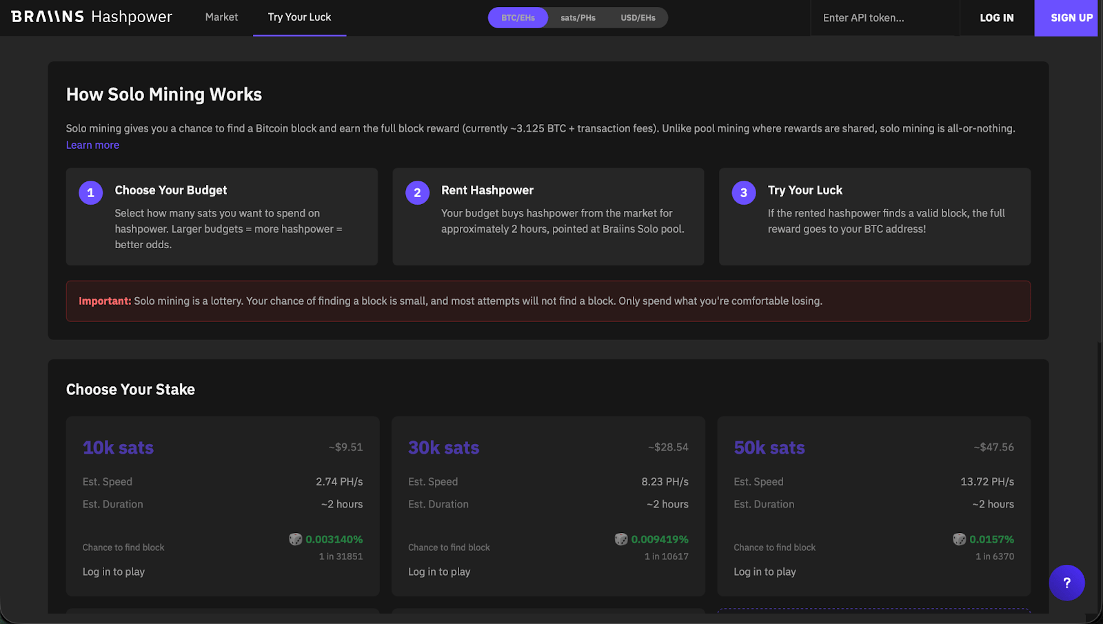 Solo mining na platformě Braiins Hashpower. Zdroj: braiins.com