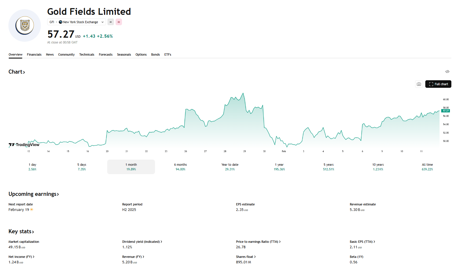 Gold Fields: akcie +195 % za rok, dividendový výnos kolem 1,1 % a tržní kapitalizace přes 49 miliard dolarů. zdroj: TradingView