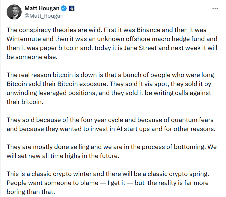 Matt Hougan uvádí, že skutečným důvodem poklesu bitcoinu je, že skupina lidí, kteří drželi dlouhé pozice v bitcoinech, prodala svou bitcoinovou expozici, a to kvůli obavám z kvantové exploze.