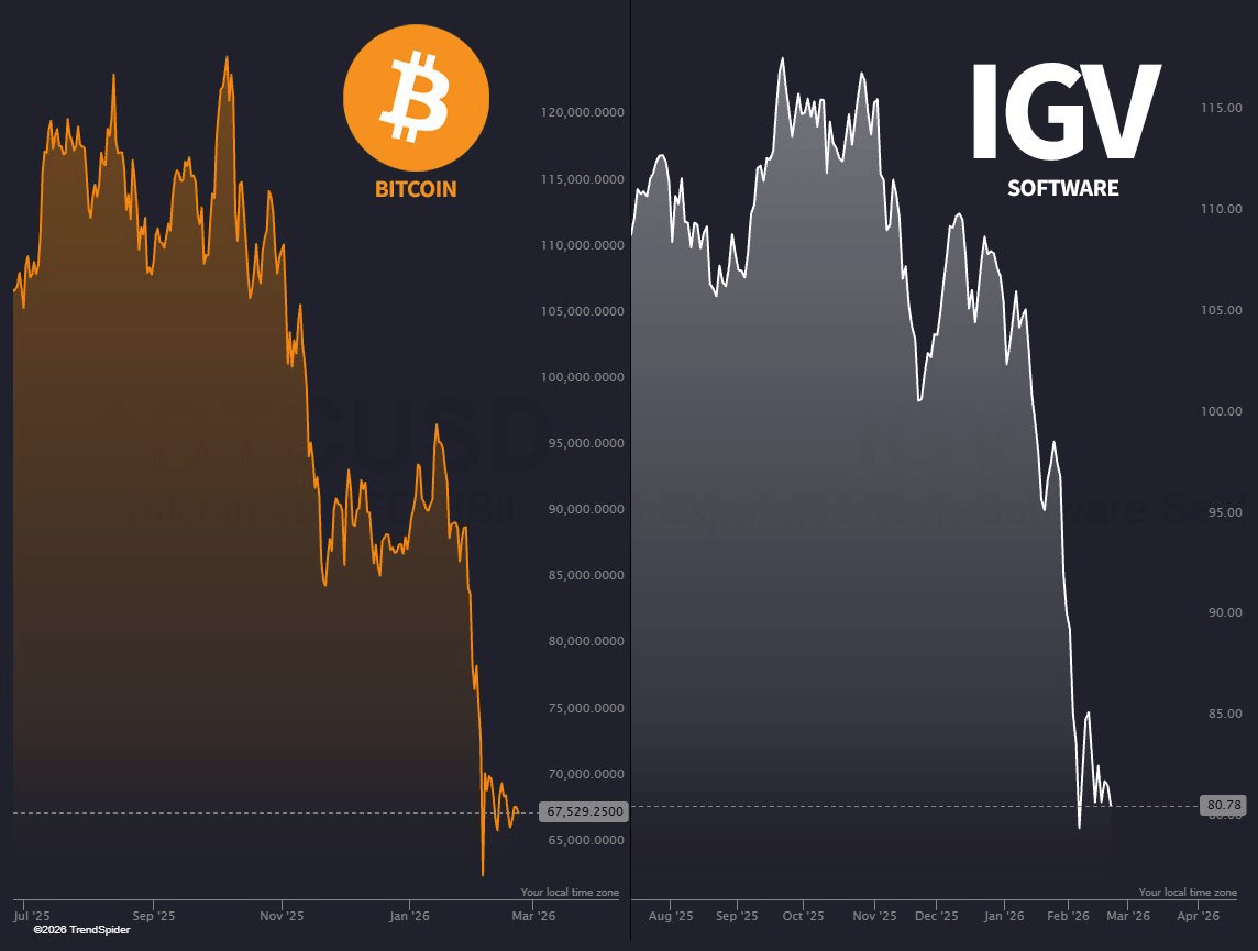 Cena bitcoinu pádem předstihla cenový pád akcií softwarových společností