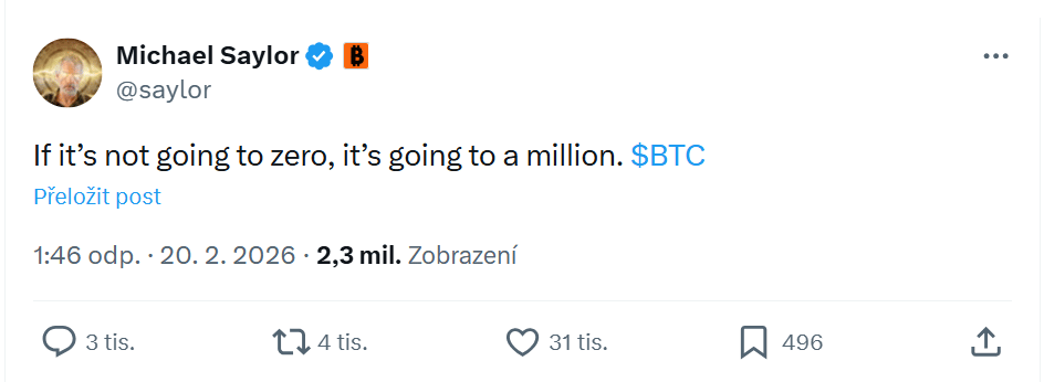 Michael Saylor ve svém příspěvku uvádí, že pokud Bitcoin nepůjde na nulu, půjde na milion.