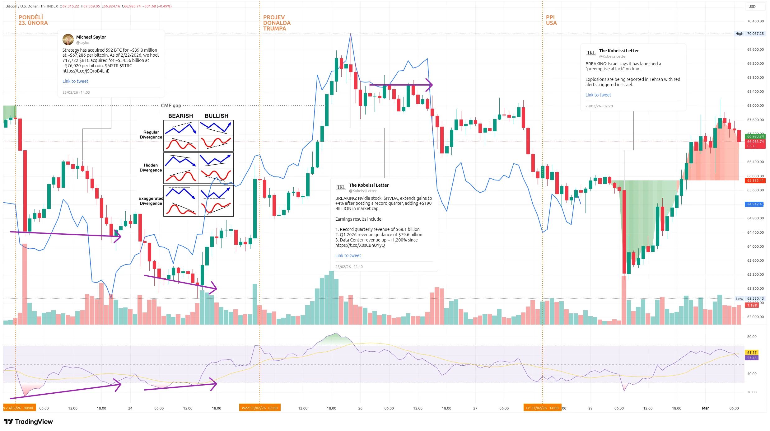 Hodinový graf kurzu ceny Bitcoin s vyznačením zajímavých událostí tohoto týdne (zdroj: TradingView).