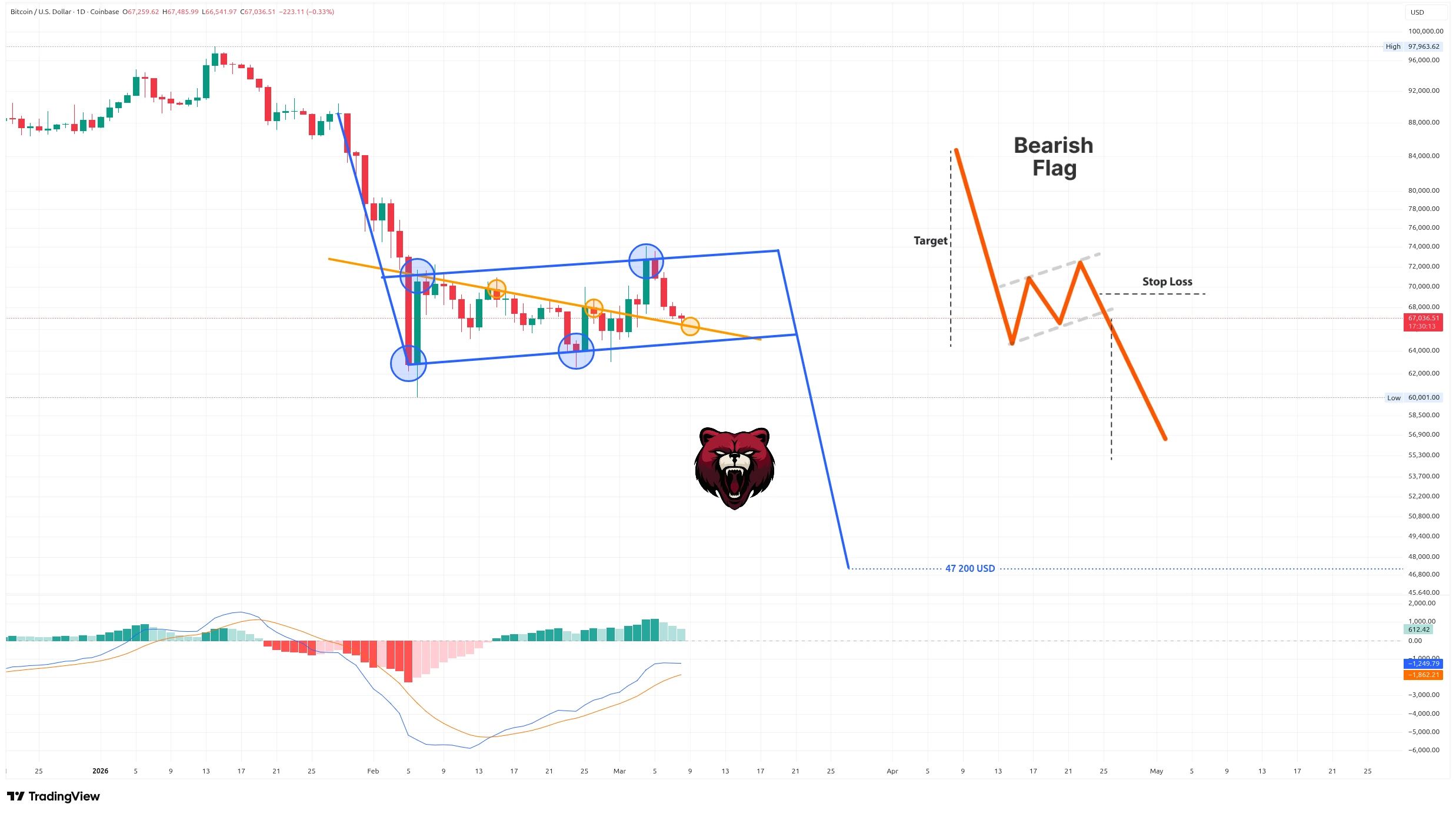 Denní graf kurzu ceny Bitcoinu s vyznačením možné medvědí vlajky (zdroj: TradingView).