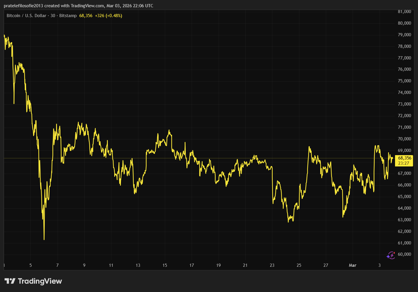 Vývoj ceny bitcoinu za poslední měsíc.