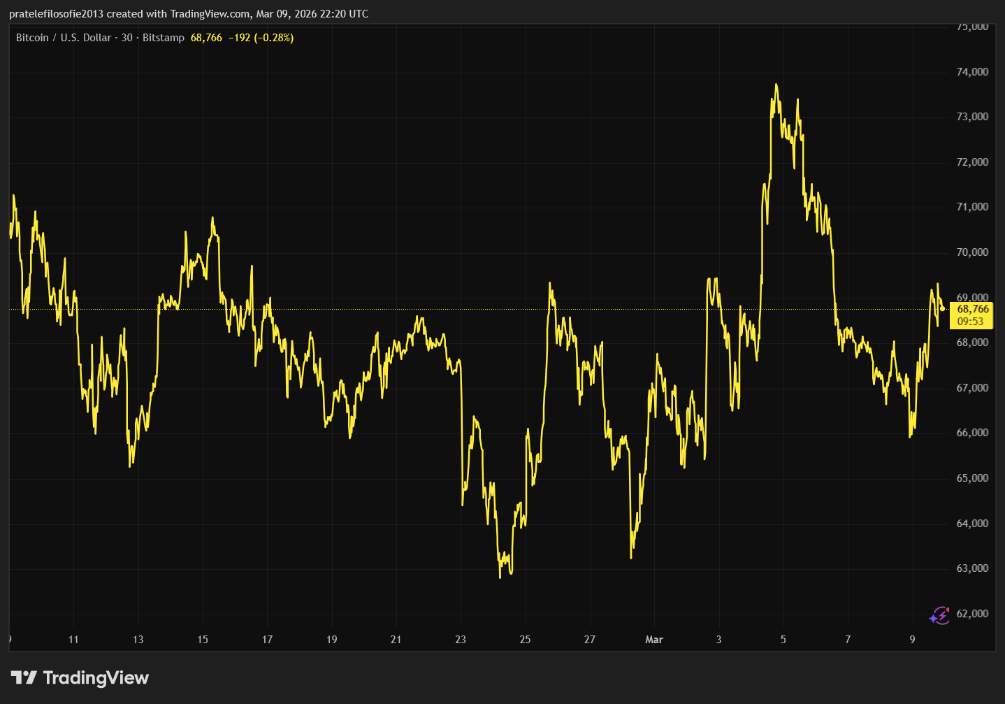 Vývoj ceny bitcoinu za poslední měsíc.