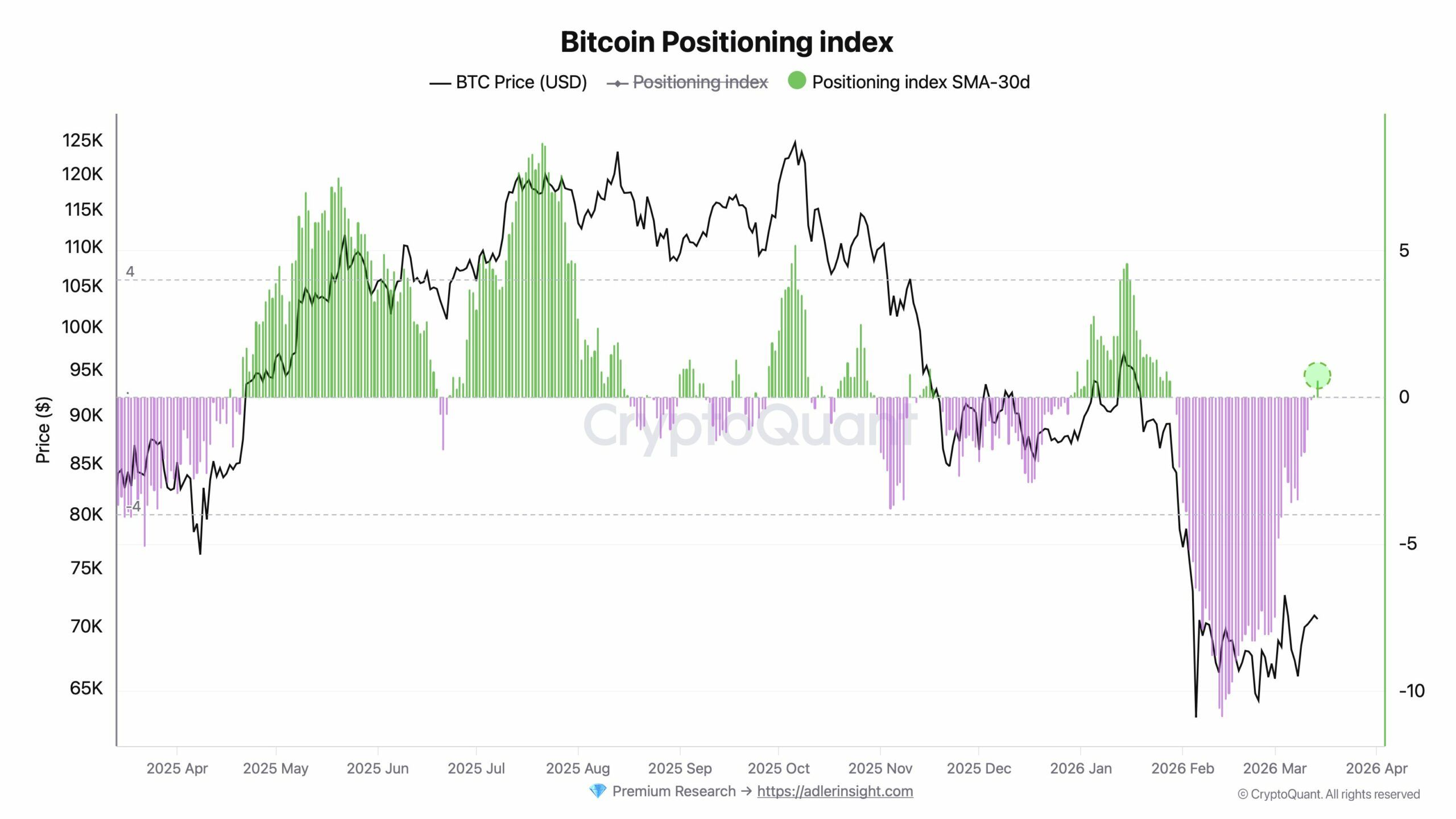 Vývoj Positioning indexu za poslední rok (zdroj: CryptoQuant / Axel Adler Jr.).
