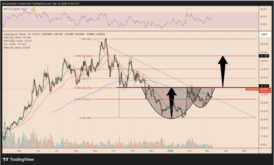 Denní cenový graf HYPE/USD s vyznačenou neckline a možným růstem k hranici 50 dolarů.