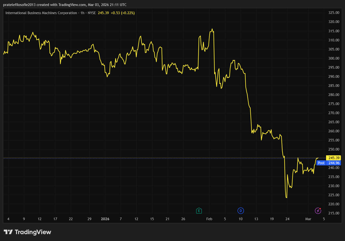 Vývoj akcií IBM za poslední měsíce.