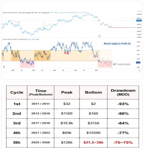 Supply in profit říká, kolik investorů je aktuálně v plusu. Projected price bottom se snaží odhadnout, kde by mohl trh najít své dno.