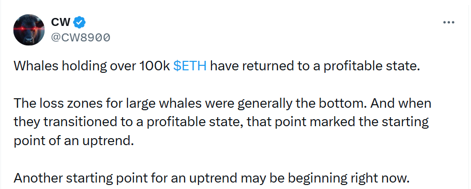 Velryby držící více než 100 tisíc ETH se vrátily do ziskové pozice. Oblasti, kde byly tyto velké velryby ve ztrátě, obvykle odpovídaly tržnímu dnu. Jakmile se však dostaly zpět do zisku, tento moment často znamenal začátek růstového trendu.
Je možné, že právě teď začíná další taková fáze růstu.