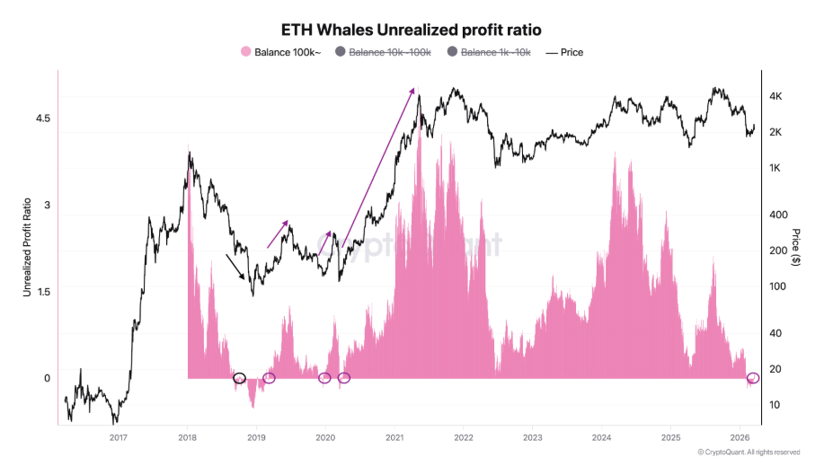 ETH whales unrealized profit ratio (100K+) je on-chain metrika, která ukazuje, zda největší držitelé Etherea (peněženky s více než 100 000 ETH) jsou aktuálně v zisku nebo ve ztrátě.