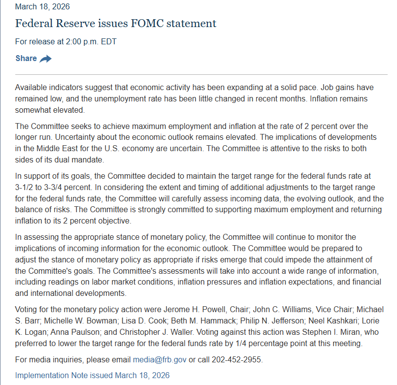 18. března 2026 vydal federální rezervní systém prohlášení FOMC.