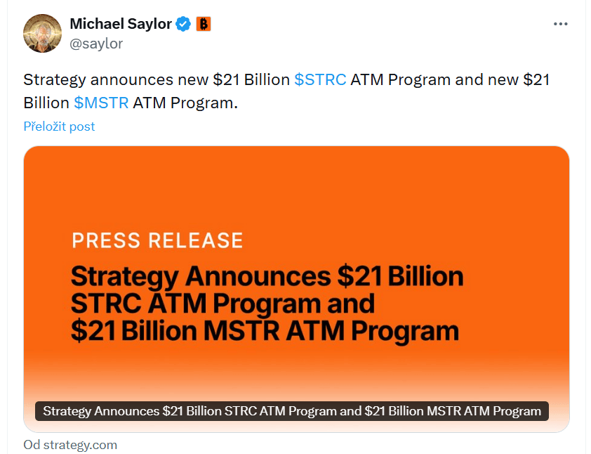 Strategy oznamuje nový ATM program v hodnotě 21 miliard dolarů pro $STRC a další ATM program v hodnotě 21 miliard dolarů pro $MSTR.