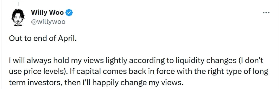 Willy Woo komentuje možnou býčí past: Zhruba do konce dubna. Své názory vždy držím spíše volně a přizpůsobuji je změnám likvidity (neřídím se konkrétními cenovými úrovněmi). Pokud se na trh vrátí kapitál ve větší síle a přijdou správní dlouhodobí investoři, rád svůj pohled změním.