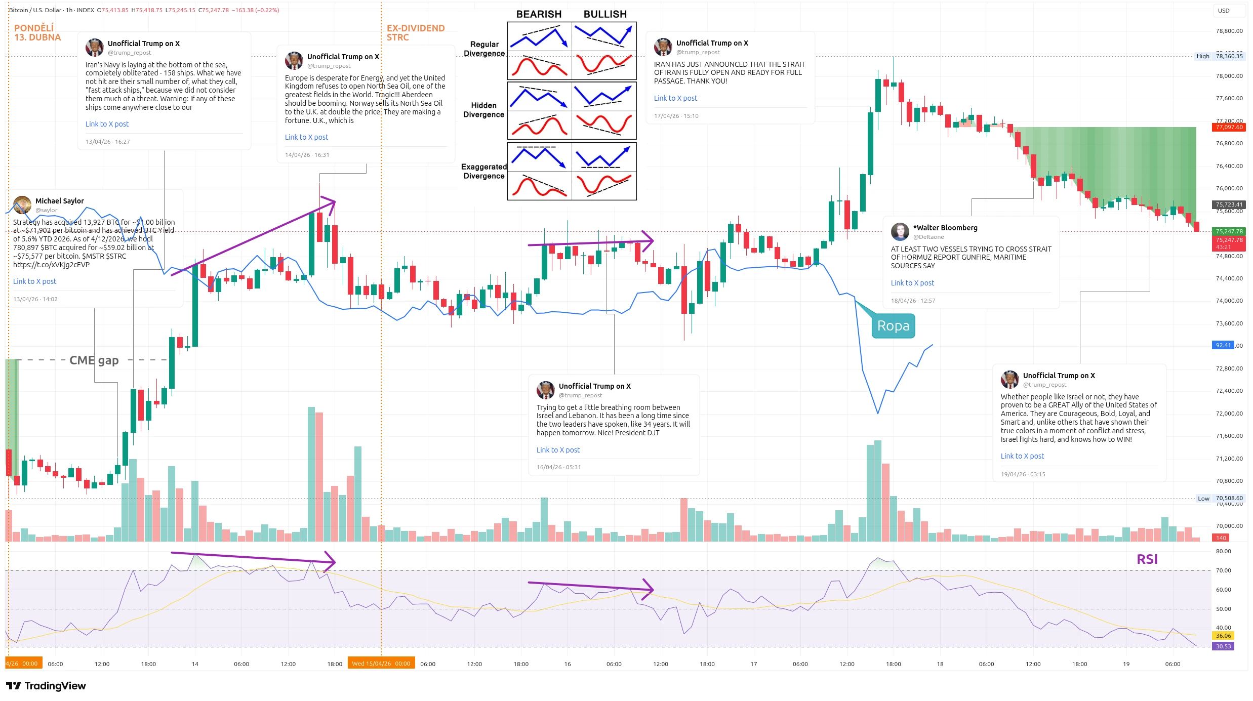 Hodinový graf kurzu ceny bitcoinu s vyznačením důležitých makroekonomických událostí a zpráv (zdroj: TradingView).