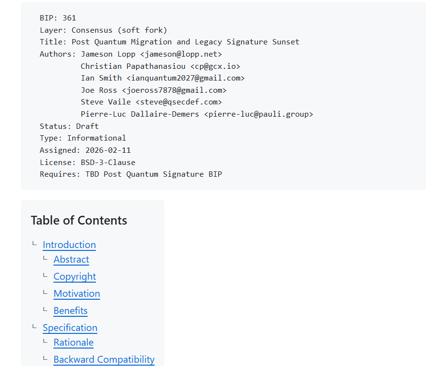 Druhá část (úvod) třífázového návrhu podle BIP-361 nazvaného "Post Quantum Migration and Legacy Signature Sunset", která byla zveřejněna jako návrh na GitHubu v úterý.