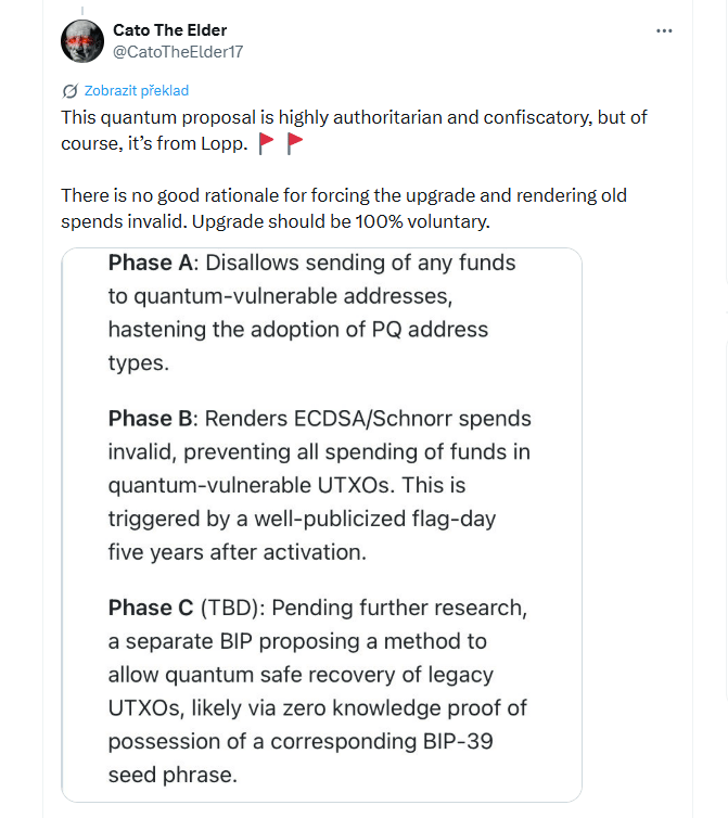 Tento kvantový návrh je vysoce autoritářský a konfiskační, ale samozřejmě pochází od Loppa. 🚩🚩 Neexistuje žádný dobrý důvod nutit uživatele k upgradu a zneplatňovat staré transakce. Přechod by měl být stoprocentně dobrovolný. 