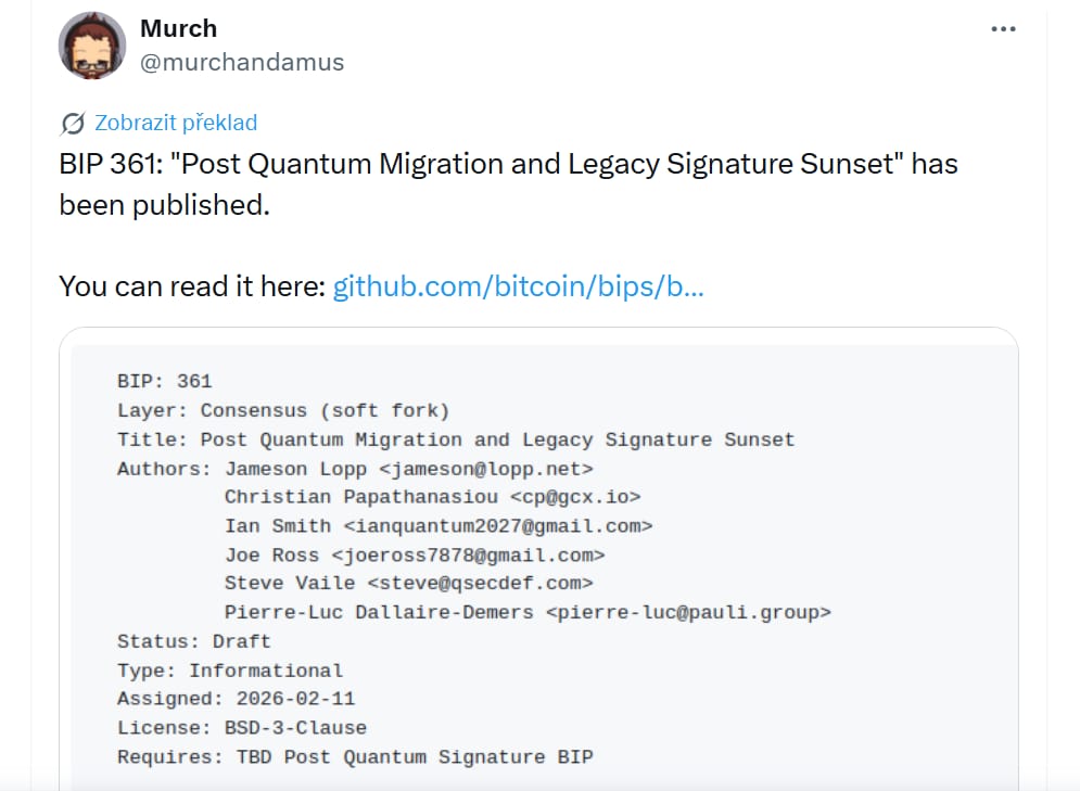BIP 361: „Postkvantová migrace a ukončení podpory starých podpisů“ byl zveřejněn. Můžete si to přečíst zde.