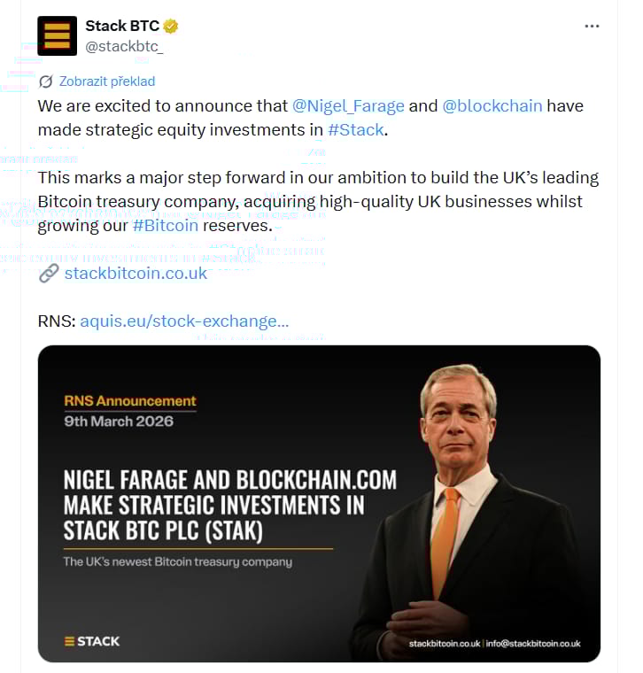 S radostí oznamujeme, že Nigel Farage a Blockchain.com provedli strategické kapitálové investice do společnosti Stack.
Tento krok představuje významný posun v našem cíli vybudovat přední britskou bitcoinovou treasury společnost, která bude nakupovat kvalitní britské firmy a zároveň rozšiřovat své bitcoin rezervy.