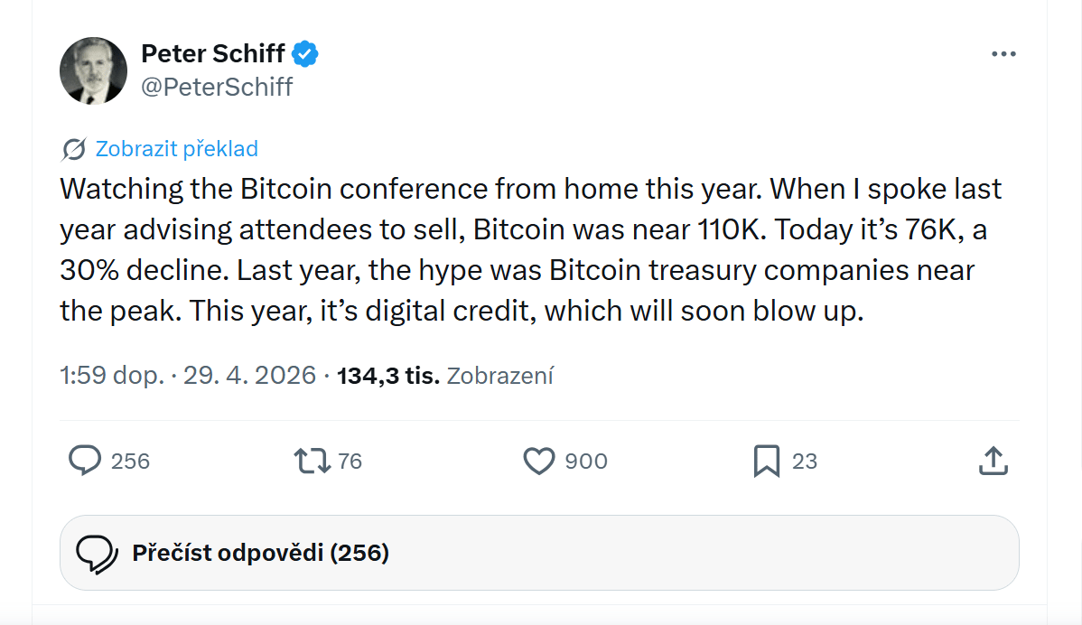 „Letošní bitcoinovou konferenci sleduji z domova. Když jsem na ní loni vystoupil a doporučoval účastníkům prodávat, bitcoin se pohyboval kolem 110 tisíc dolarů. Dnes je na 76 tisících, tedy asi o 30 % níže. Loni se na vrcholu trhu mluvilo hlavně o bitcoinových treasury společnostech. Letos je to digitální kredit, který podle mě brzy zkolabuje.“