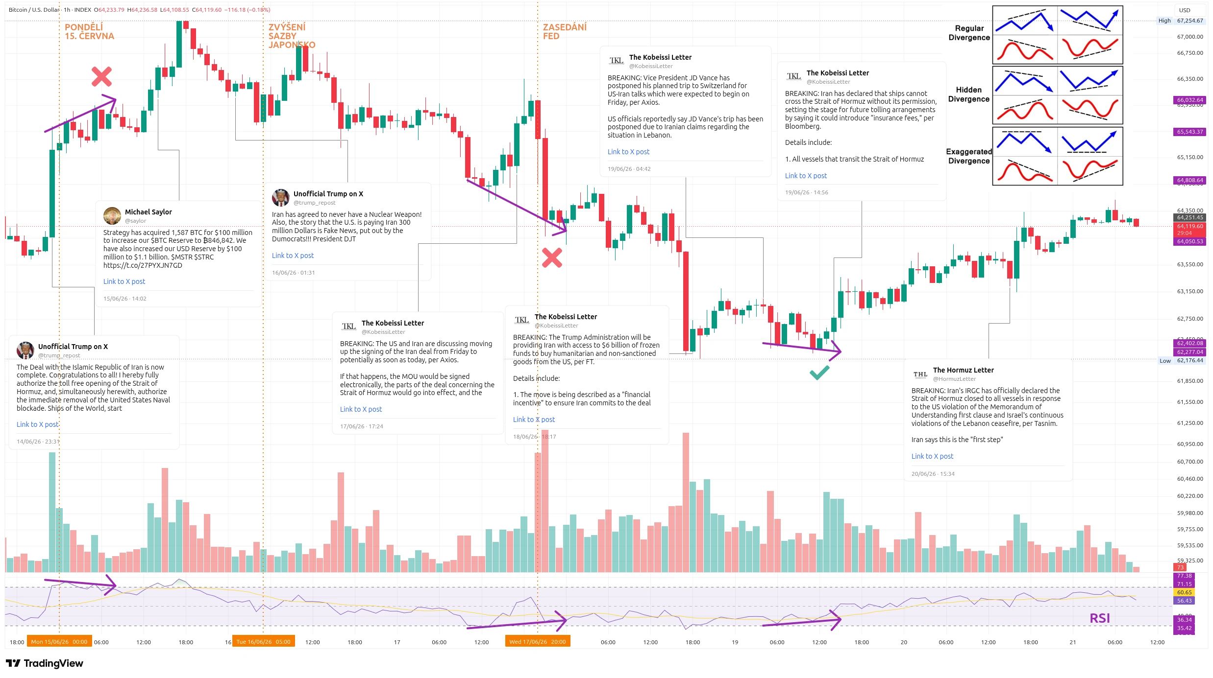 Hodinový graf kurzu ceny bitcoinu s vyznačením nejdůležitějších událostí tohoto týdne (zdroj: TradingView).